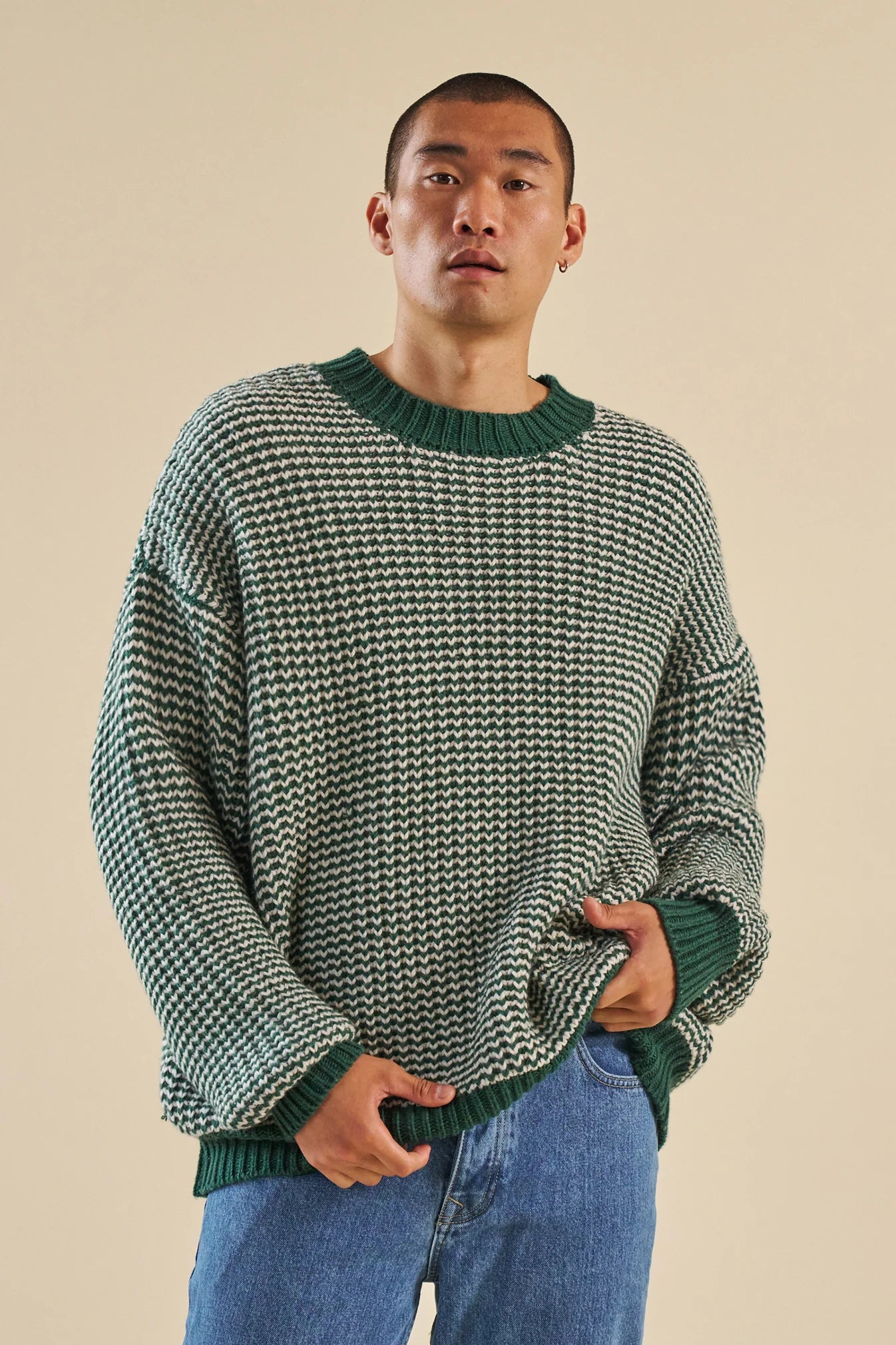 GREEN STRIPE CHUNKY RIB KNIT