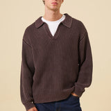 OPEN COLLAR ACID WASH KNIT