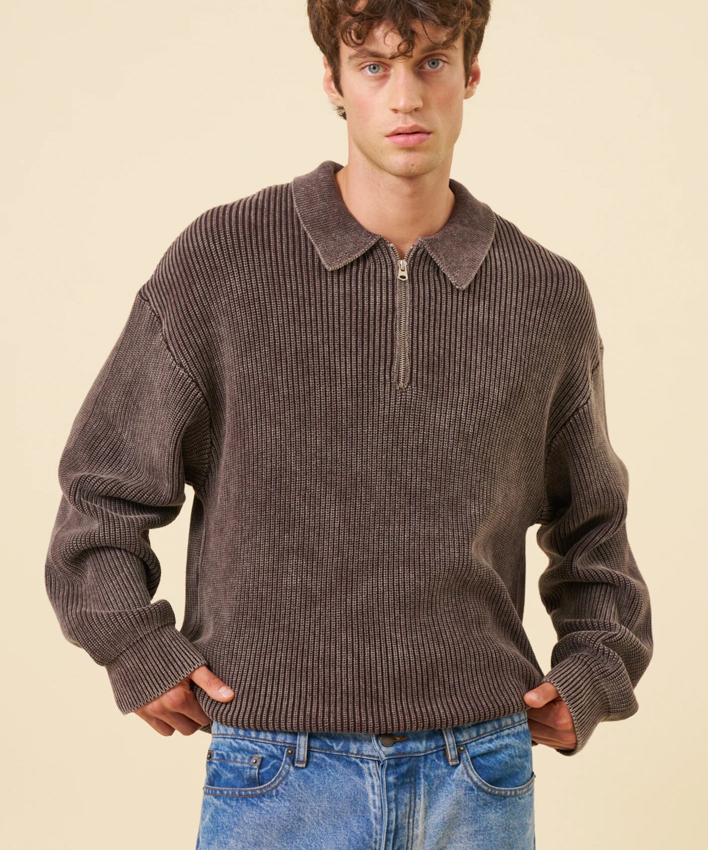 ACID WASH HALF ZIP KNIT PULLOVER