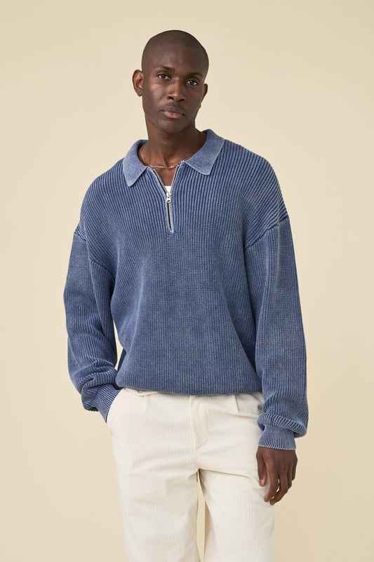 ACID WASHED HALF ZIP KNIT PULLOVER