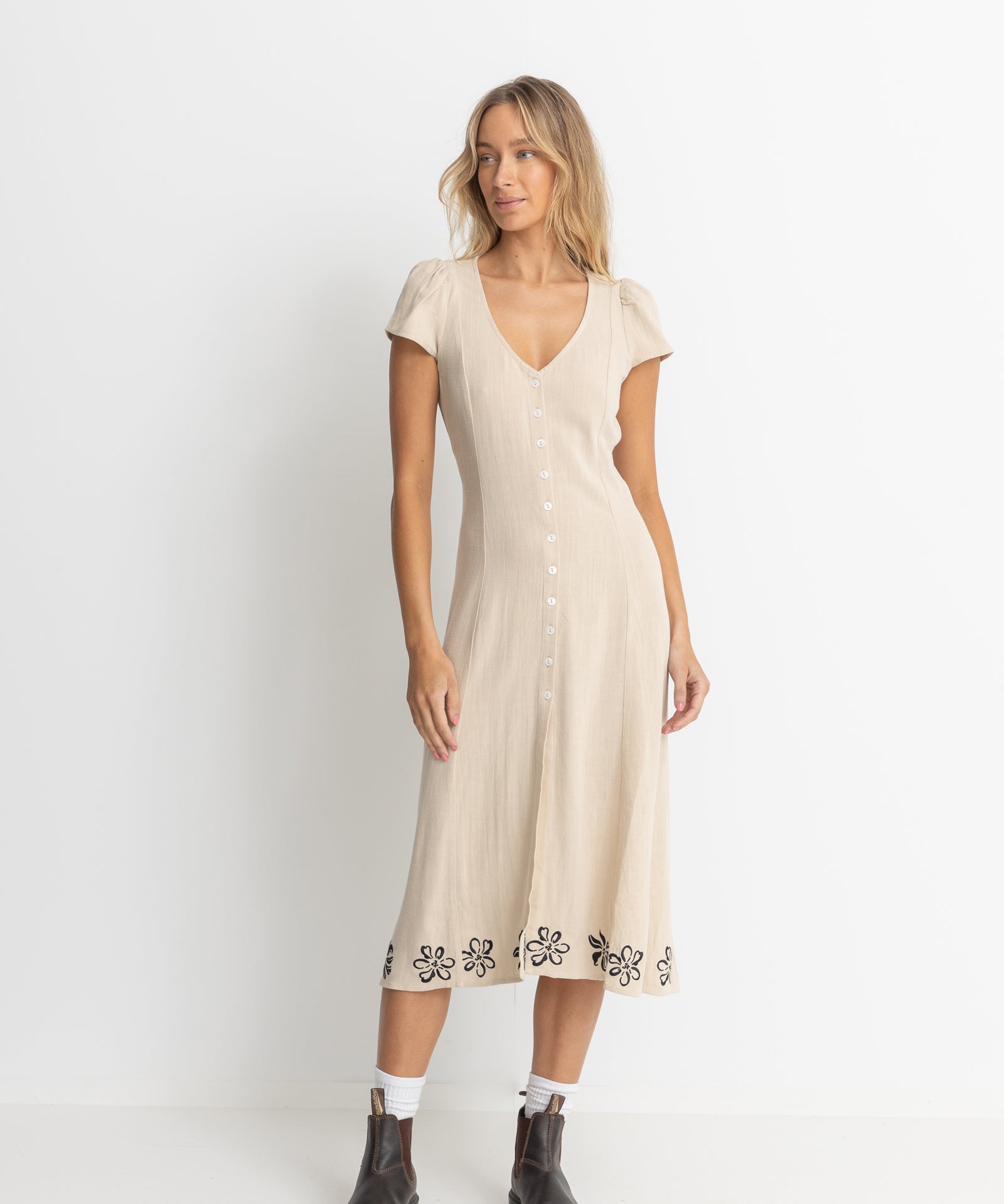 SUNDANCE FLORAL CAP SLEEVE MIDI DRESS